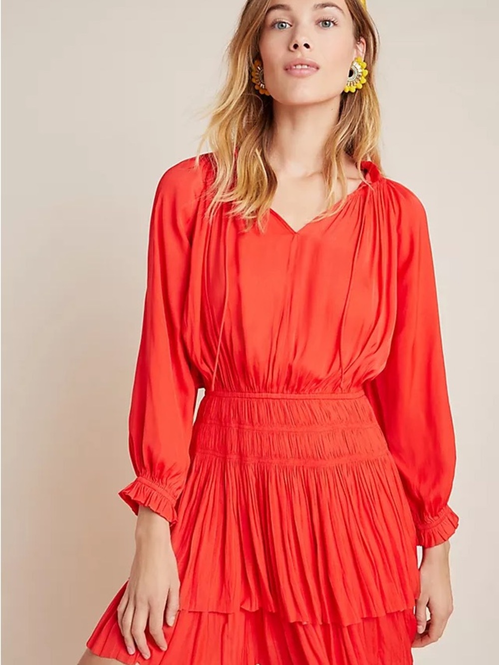 Joie Coral-Red V-Neck Long-Sleeve Tiered Blouse